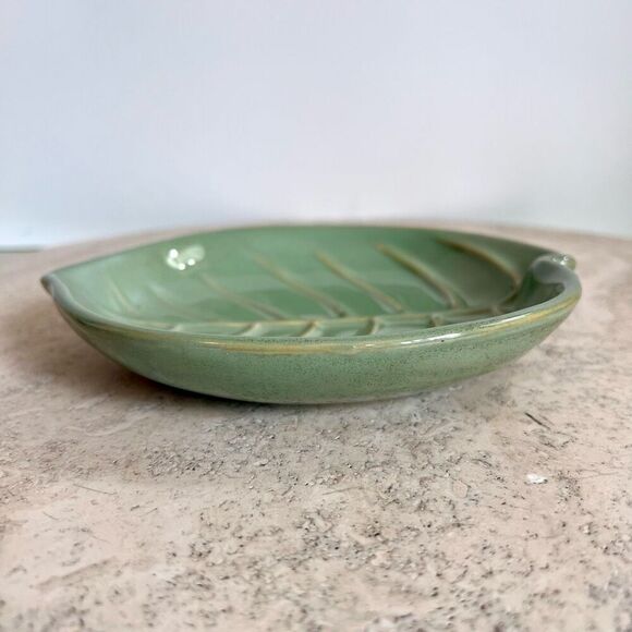 Vintage Leaf Pottery Plate Trinket Dish Sage Green Home Decor Embossed Veins - Picture 3 of 11